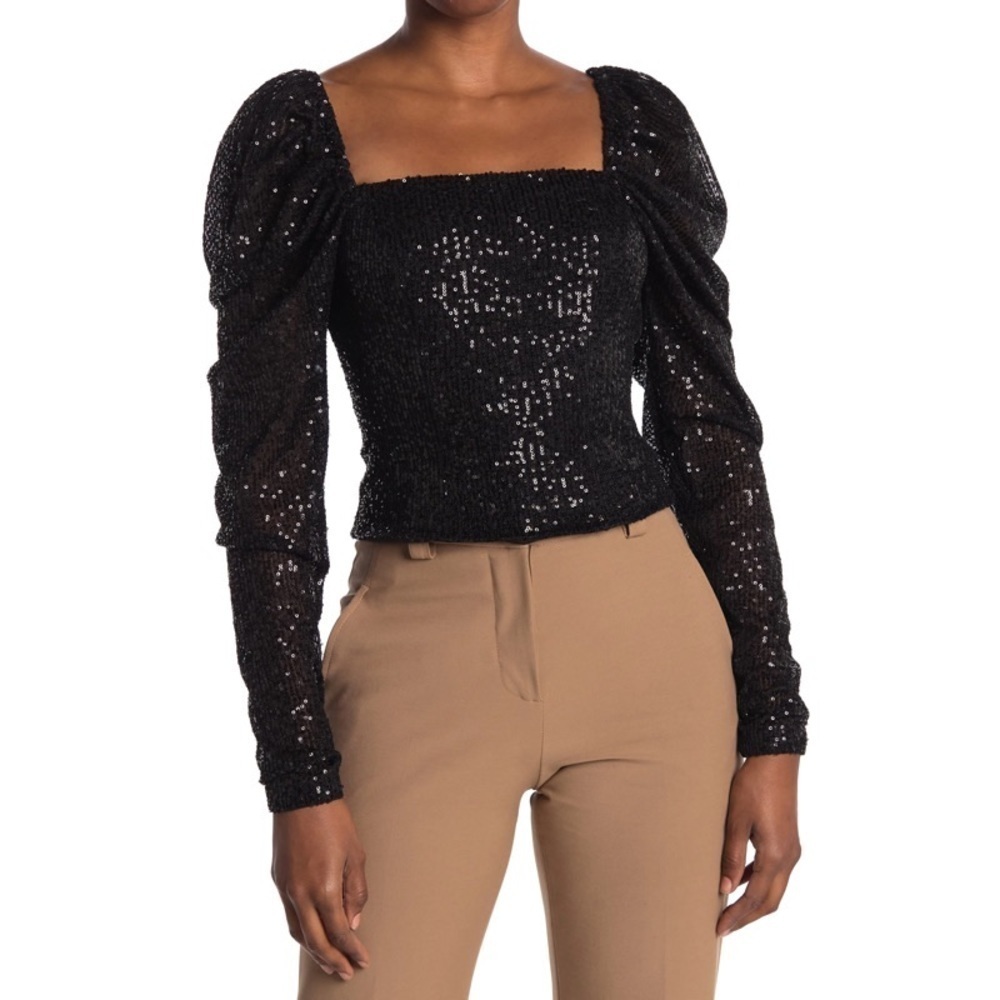 NEW RAMY BROOK Black Sequin Hazel Puff-Sleeve Top
